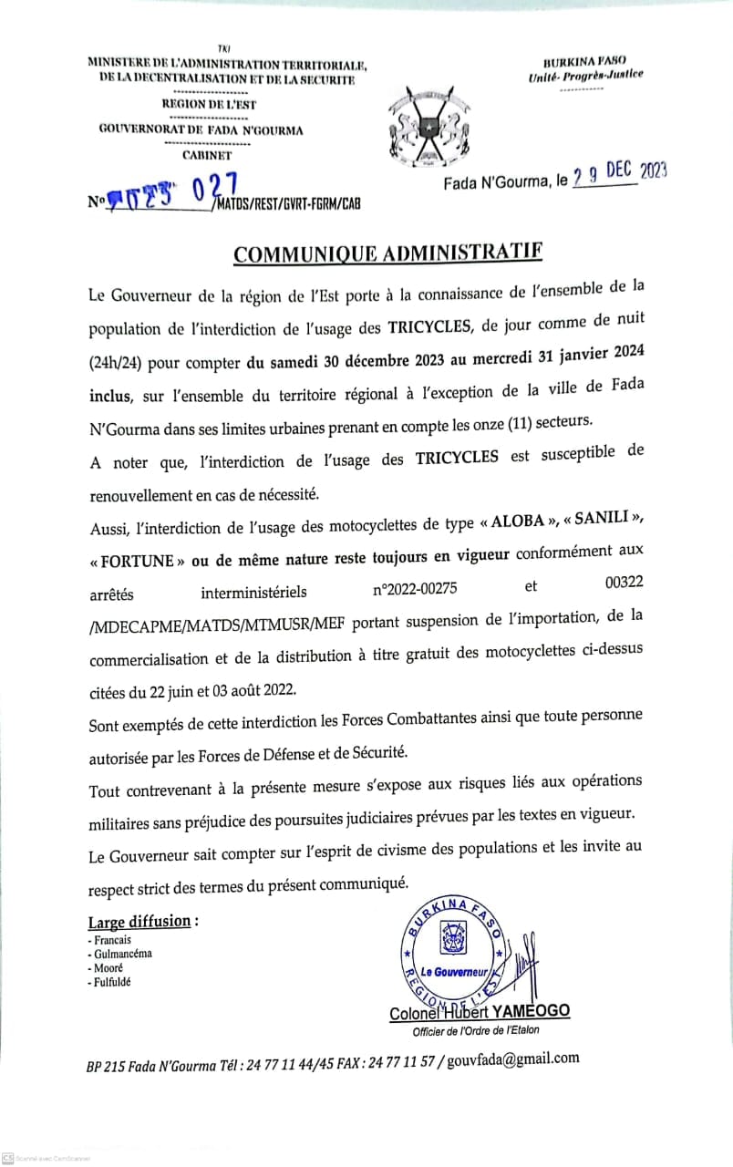 Communiqué Administratif du Gouverneur interdisant l'usage des tricycles