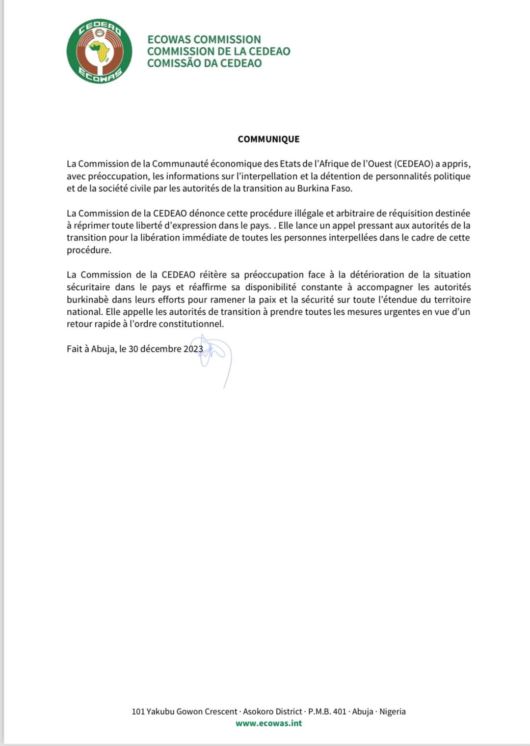 Le communiqué de la CEDEAO