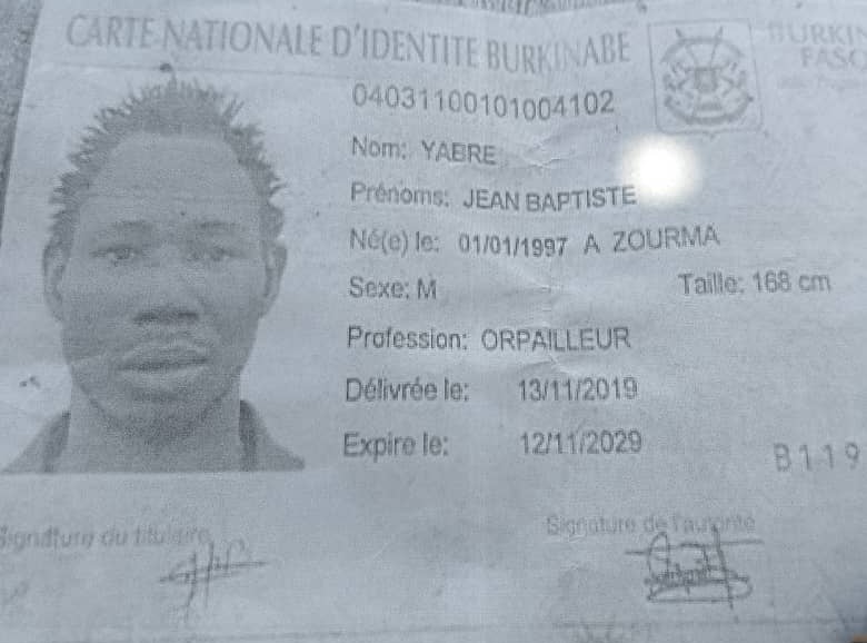 La carte d'identité retrouvé de YABRE Jean Baptiste, le raviseur